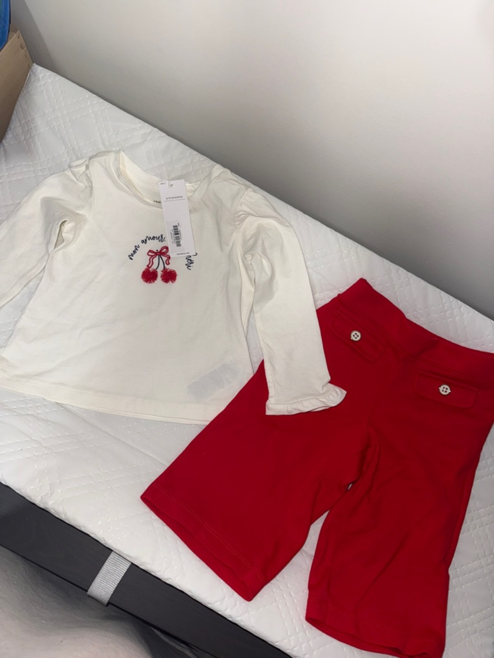 Janie and Jack Cream Top with Red Cherry Embroidery & Red Shorts